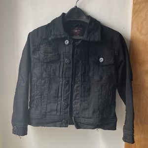 Jordan Craig Legacy Edition black distressed denim trucker jacket size 4 EUC